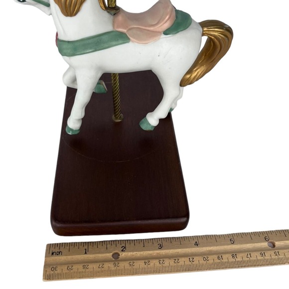 Paul Sebastian Ceramic White Carousel Horse Flowers Golden Mane & Tail Wood Base - Picture 10 of 10